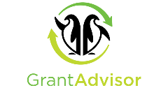 The GrantAdvisor logo has two cartoon penguins facing opposite ways, with a green circle surrounding them. The text below the image is the name in dark and light green font.