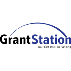The GrantStation logo is the name with a blue arch over the title. Additional text below reads: Your fast track to funding.
